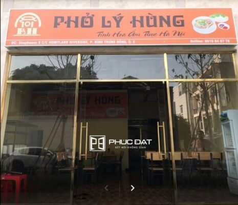 Công trình cửa kính khung inox mạ vàng quán phở Lý Hùng Quận 2, TP.Thủ Đức